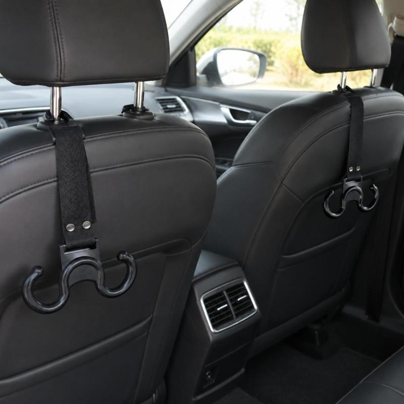 Variable-Length Car Back Hangers with 360-Degree Rotation, 2Pcs Black Bag Holders with Four Hanging Spots for Vehicles with Separate Headrest Posts