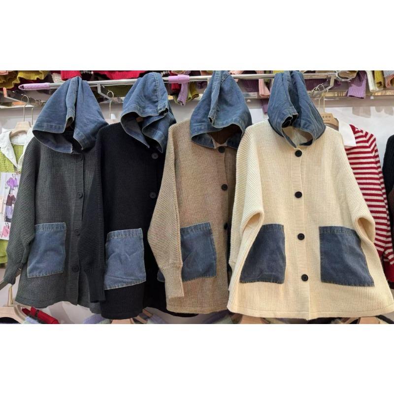 Women S Loose Hooded Long Casual Knit Cardigan Spliced Sweater