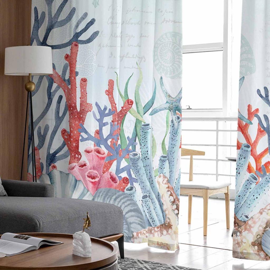 Marine Coral In Summer Tulle Window Curtains for Bedroom Luxury Home Decor Drapes In Living Room Chiffon Panels