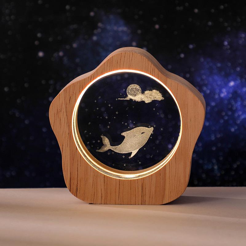 

Crystal Desktop Luminous Ornaments Wooden Frame USB Night Light Gift