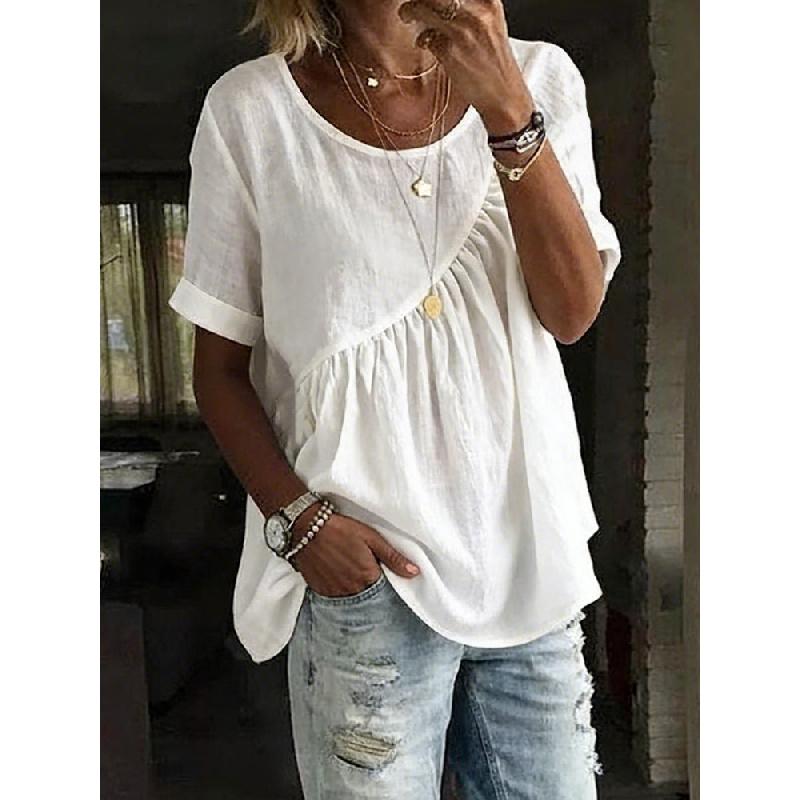 2026 New Women's Summer Solid Color Round Neck Short Sleeve Ruched Top T-Shirt