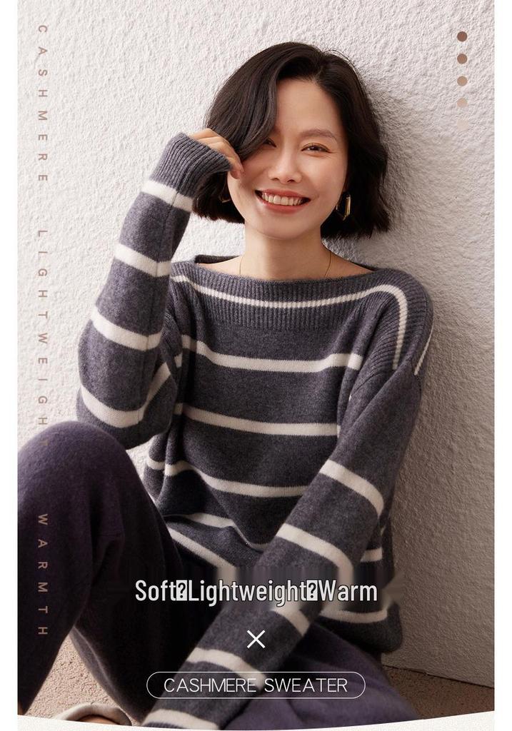 Women's One-Shoulder Striped Cashmere Sweater - Korean Style, Loose Fit Knitwear Top