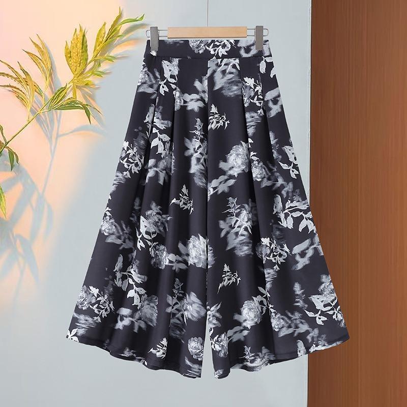 Women Floral Print Wide Leg Cropped Pants Elastic Waist Casual Summer Trousers