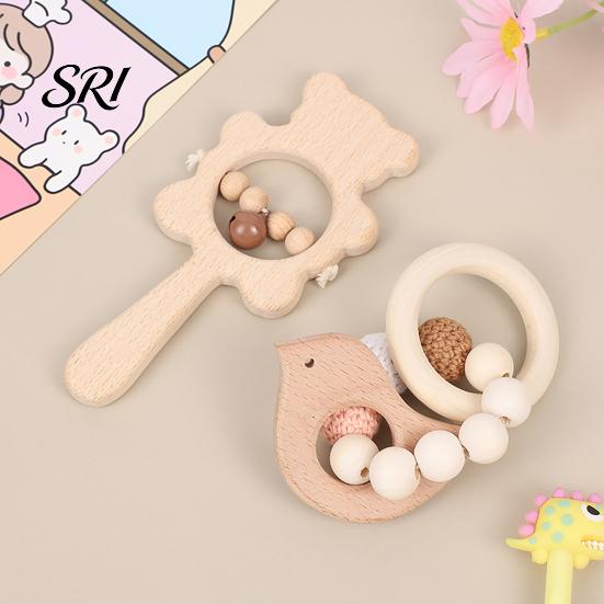 Beech Wood Baby Toy 1 Pair Wooden Rattle with Bell Beads Hedgehog Rabbit Elephant Bird Bead Teething Grip Ring Newborn Boys Girls Early Education