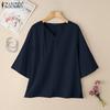 ZANZEA Women V-Neck Loose Casual 3/4 Sleeve Cotton Blouse