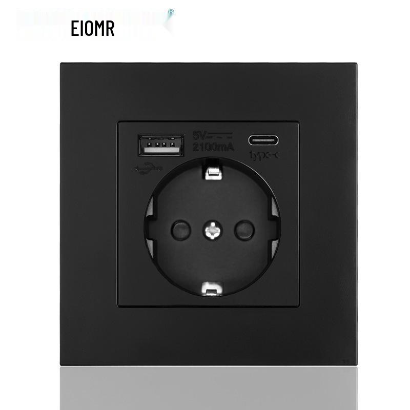 Black 16A German Standard Socket Panel with Double USB + Type C, Concealed European Installation
