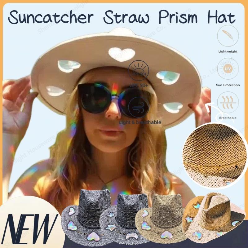 

Cowgirl Straw Prism Hat Suncatcher Hand-Woven Wide Shapeable Brim Rainbow Prism Hat Sun Beach Western Cowboy Hat For Women D