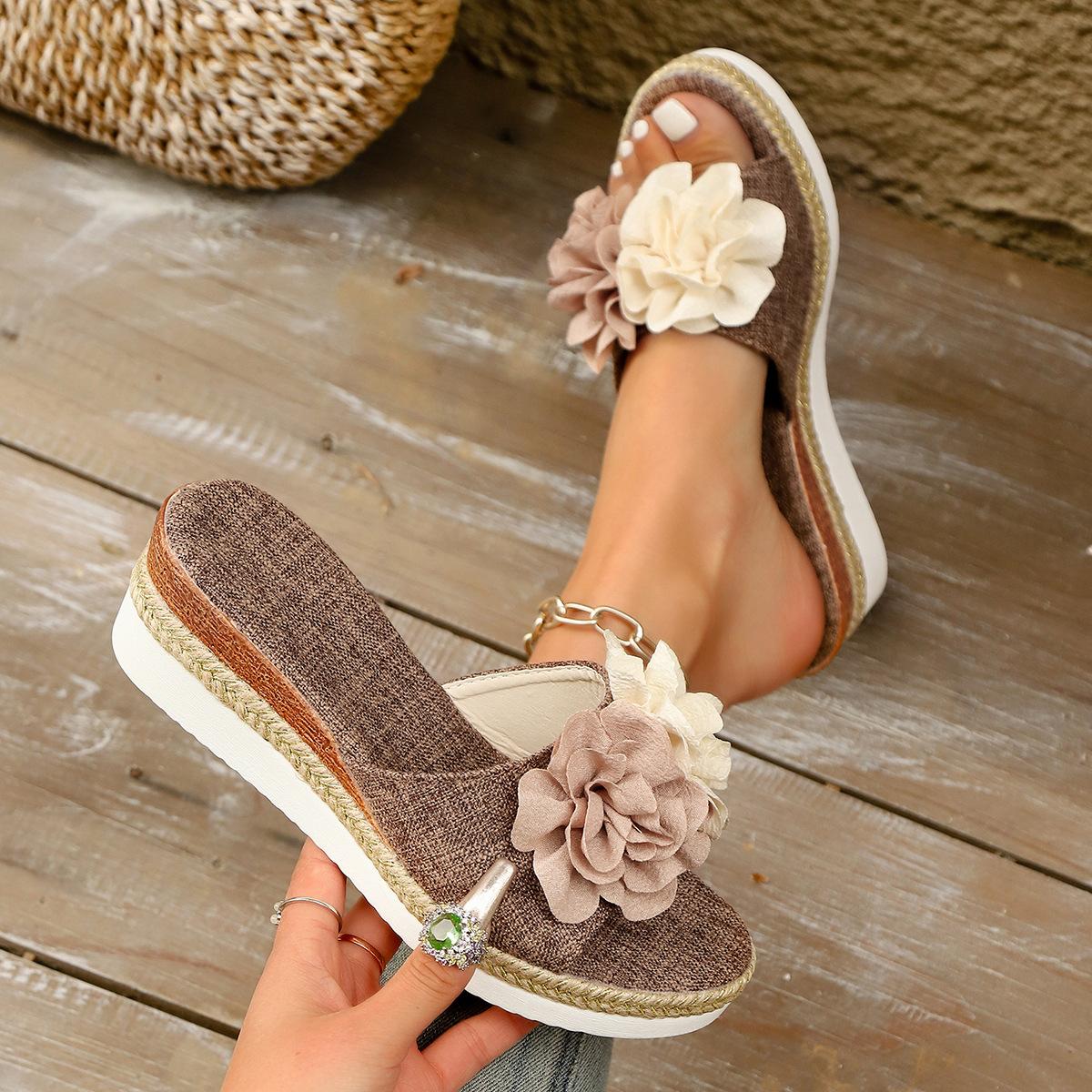 

Summer flower foreign trade muffin slippers women 2025 new European and American open-toed slope heel thick-bottomed cool slippers wish 43 верблюд