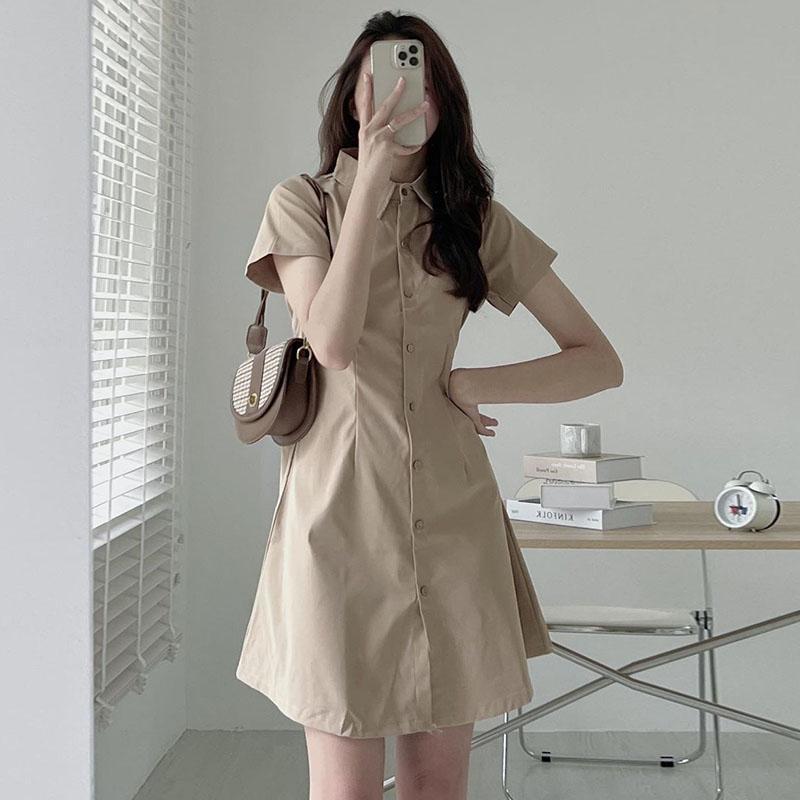 Korean Chic Summer Lapel Dress - Slim, Short-Sleeved, Single-Breasted Style