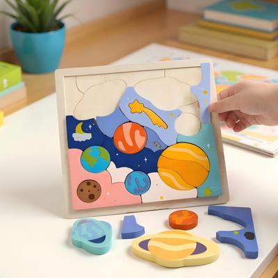 Quebra-cabeça criativo do universo em madeira, blocos de construção de quebra-cabeça de planetas, brinquedos educativos para crianças, aprendizado na primeira infância