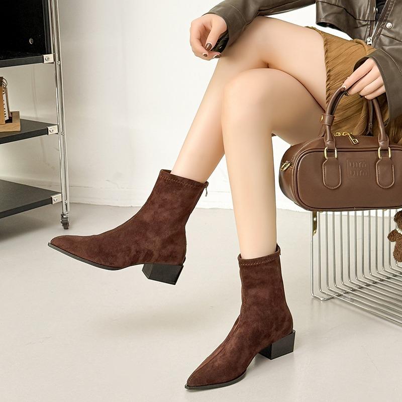 2024Zippers Fashion Pointed Toe Women Ankle Boots With Low Heel Shoes Female Leopard Print Footwear Ladies Stretch Modern Boots