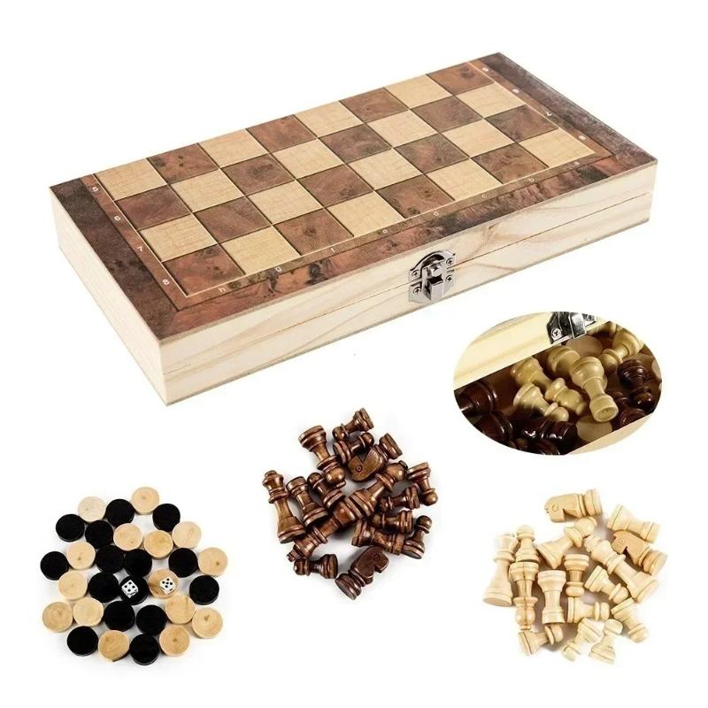 3In 1 Portable Travel Chess Checker Backgammon, Folding Storage Wooden Chess Set, International Checkers Board Game Kids Adults Set
