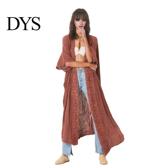 Swimsuit Cover-up Lady Beach Cardigan Sunscreen Anti-UV Long Sleeves Lace Bohemian Style Bikini Casual Daily Coat Thin Calf Length Vacation