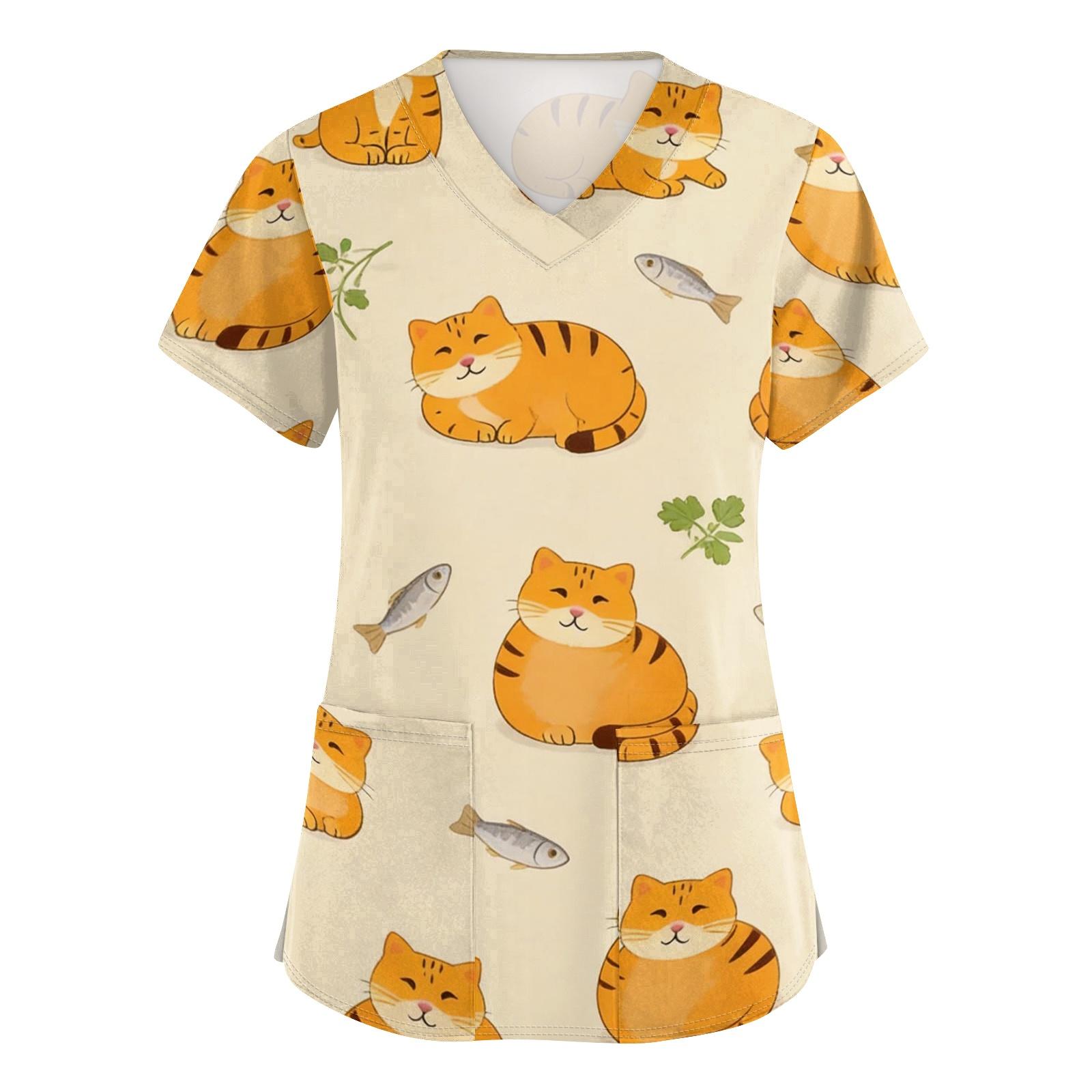 

Women s V Neck Short Sleeve Work Top with Pockets Animal Print Professional Uniform Shirt for Healthcare Nursing Staff M шафрановый