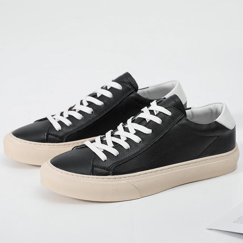 2023 Men's Trendy Low-Top Genuine Leather Sneakers, Korean Style, Breathable White Casual Shoes