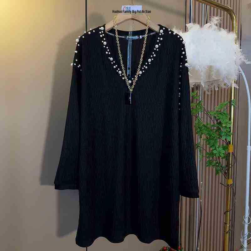 Plus Size Beaded Textured Long Sleeve Top - Women's Autumn/Winter Slimming Base Layer