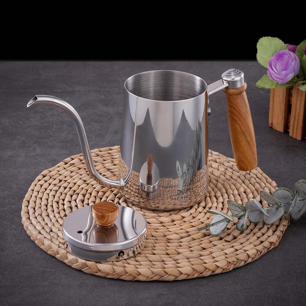 MERMOO YILAN Kaffeekanne, Drip Pot, Kessel, Schmalhals, 600ml, Holzgriff, Camping, Kaffee-Drip-Ausrüstung, Kaffeekanne, Kaffeemaschine, Topf, Kaffee