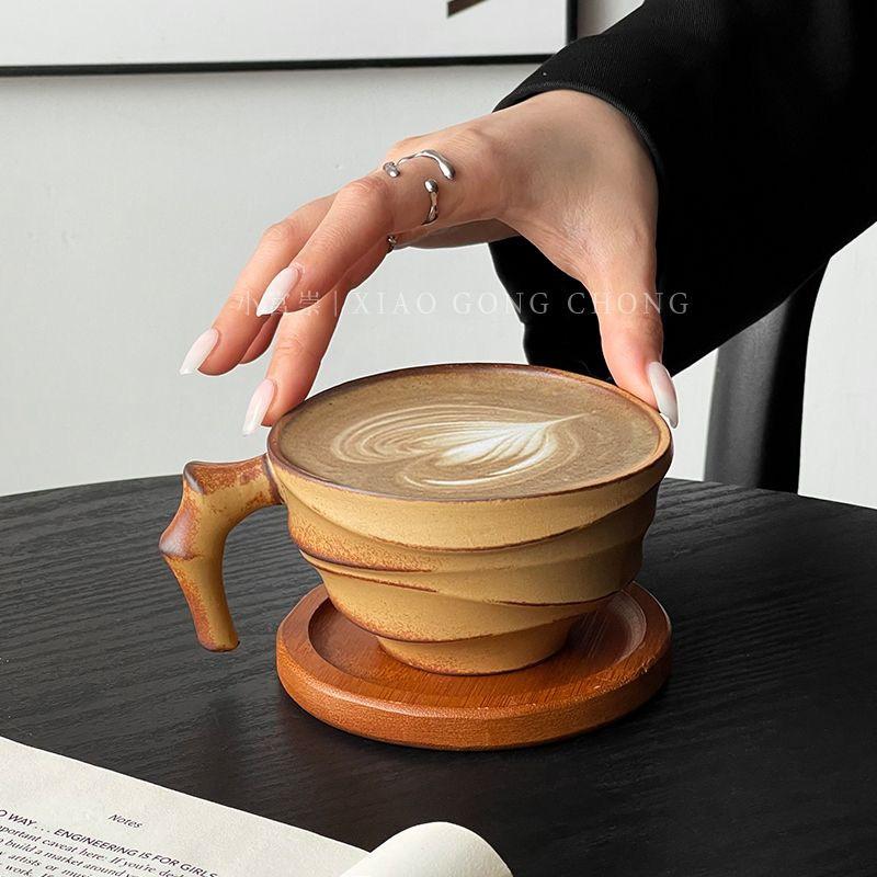 Vintage Ceramic Coffee Mug – Rustic Handmade Latte Cup with Bamboo-Style Design