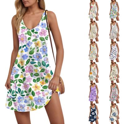 Women's Casual Botanical Floral Print V-Neck Tank Sleeveless Dress Pockets Beach Dress