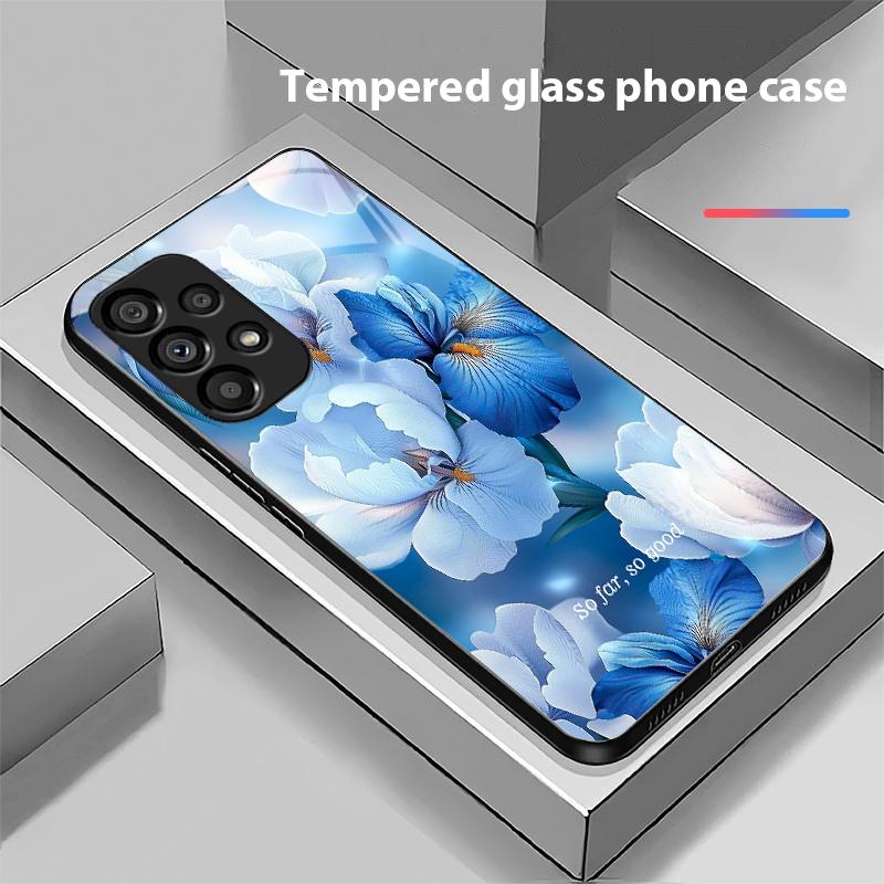 Blue Flower Element For Samsung Galaxy S10 S20 Plus S21 FE S22 S23 S24 FE S25 Ultra Black Tempered Glass Phone Case Hard Shell