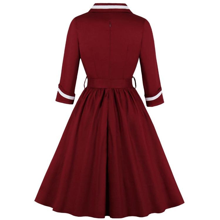 Vintage Cotton Swing Dress Women Long Sleeve V Neck Evening Party Cocktail Night Out Business Casual Day Wear Sizes S to 4XL