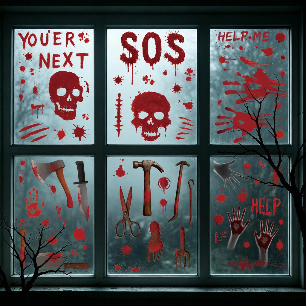Halloween Bloody Static Window Sticker Skull Blood Handprint Knife Blood Sticker Haunted House Window Party Decoration Sticker