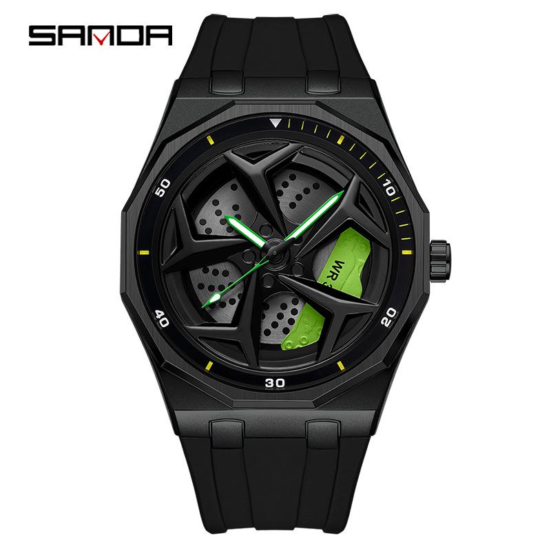 SANDA Men's Waterproof Luminous Polygonal Quartz Watch with 3D Rotating Dial and Silicone Band