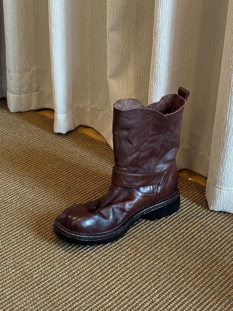 

Cowhide version~ Lazy and slack pleated belt buckle thick heel short boots women s leather fashion retro versatile knight boots 40 коричневый