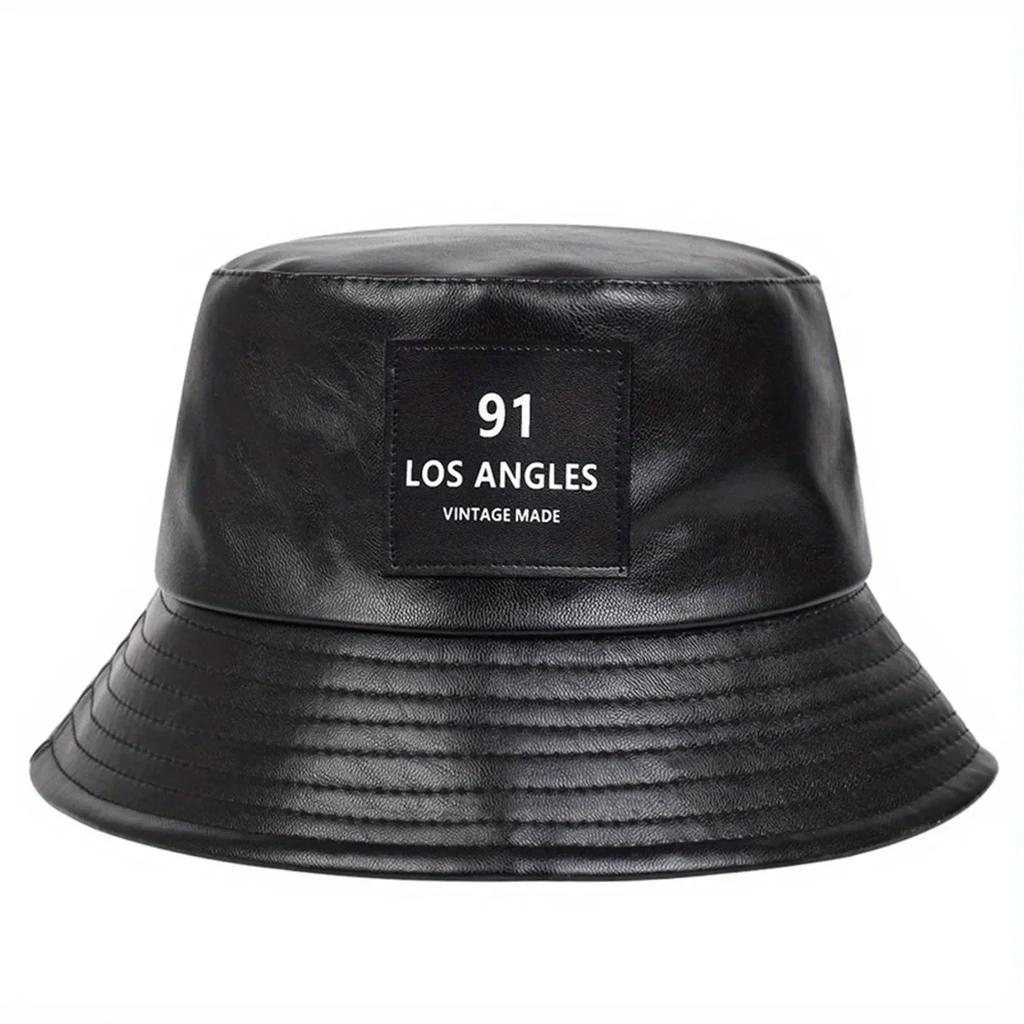 Unisex 91 Los Angeles Label Embroidery Pu Leather Bucket Hats Fishermen Caps Outdoor Casual Cap Sunscreen Hat