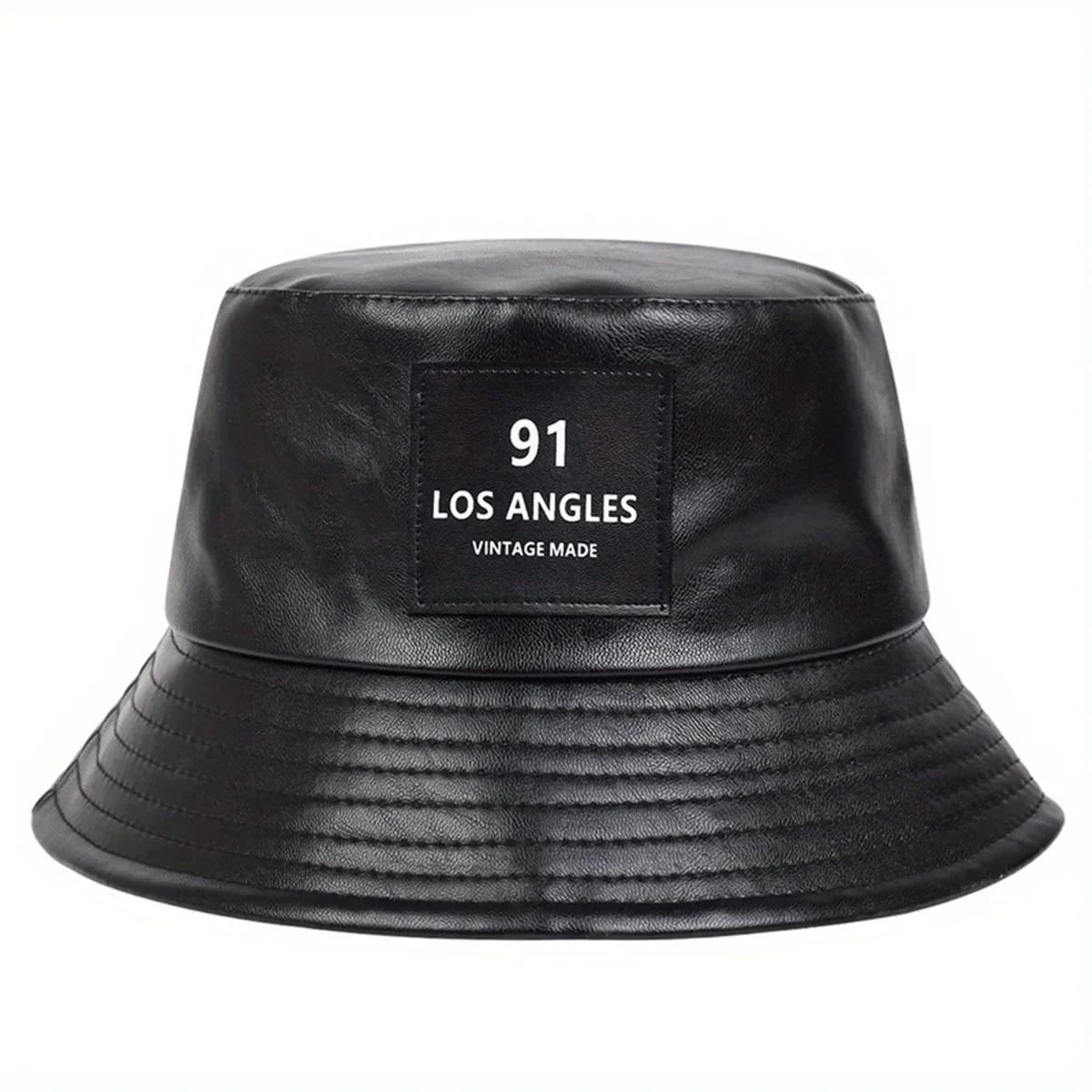 

Unisex 91 Los Angeles Label Embroidery Pu Leather Bucket Hats Fishermen Caps Outdoor Casual Cap Sunscreen Hat чёрный