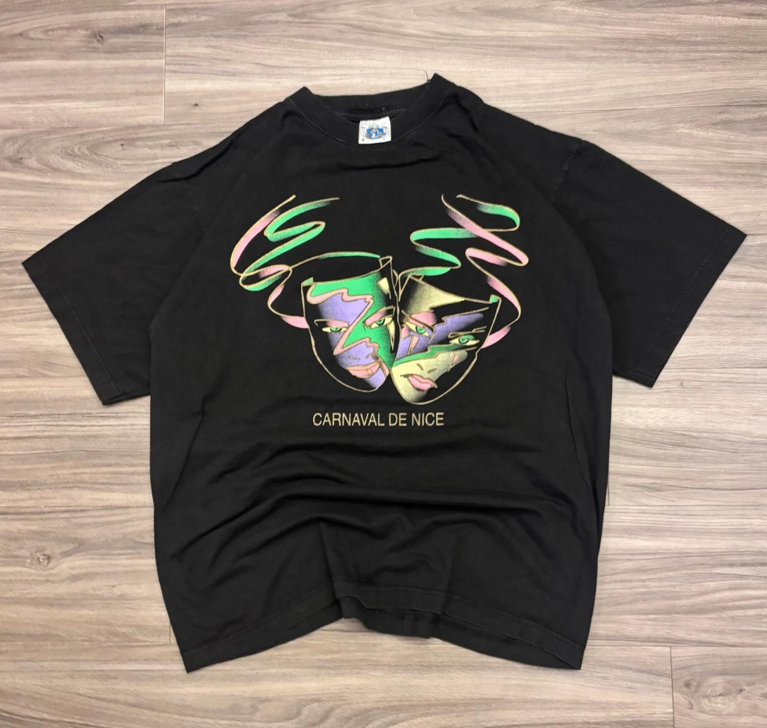 90s / Vintage Carnaval de Nice Abstract Mask Graphic Tee Black Neon Art Shirt L L