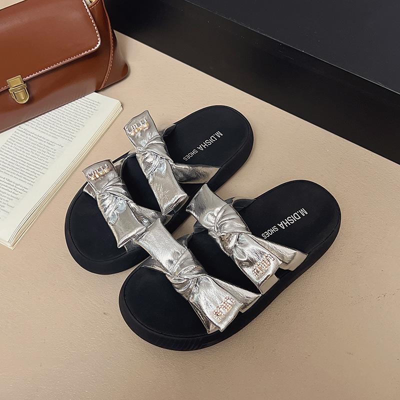 Bow-tie platform slippers women's summer outer wear new height-increasing one-word drag women's versatile beach shoes