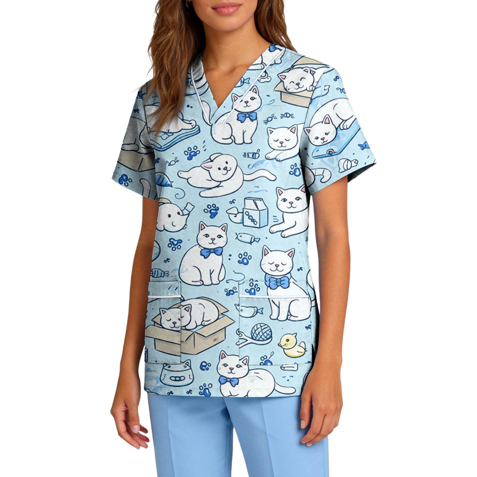 

Women s Stretch Quick-Dry V-Neck Short Sleeve Workwear Top with Animal Print & Pockets L