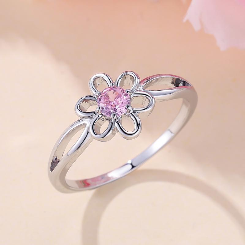 Niedliche hohle Blumenringe mit rosa Zirkonia für Damen, schlichte silberfarbene Hochzeits-Party-Schmuckgeschenke