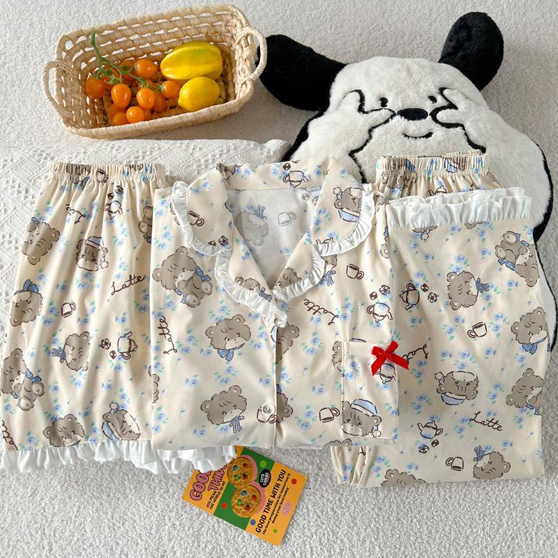 Summer thin short-sleeved pajamas women's style cartoon mikko loungewear imitation cotton three-piece set