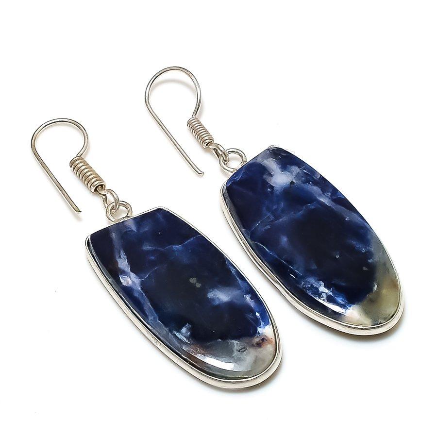 Natural Sodalite Gemstone Handmade 925 Sterling Silver Jewelry Earring 1.89" AE-13747