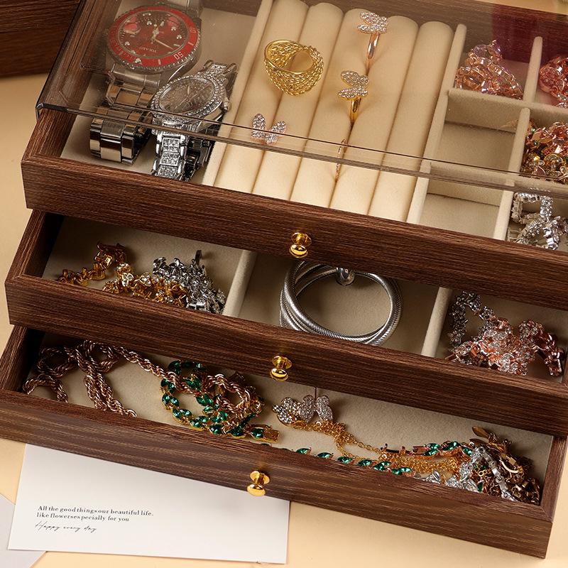 Lyxig flerlagers smyckeskrin med träådring för örhängen, ringar, halsband och armband - Stor kapacitet skrivbordsorganisatör