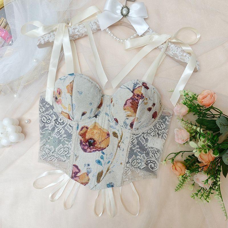 Sense Fishbone Corset Cross-Border European, American and French Style Floral Vintage New Arrival Print Contrast Color Slim-Fit Lace Up Camisole