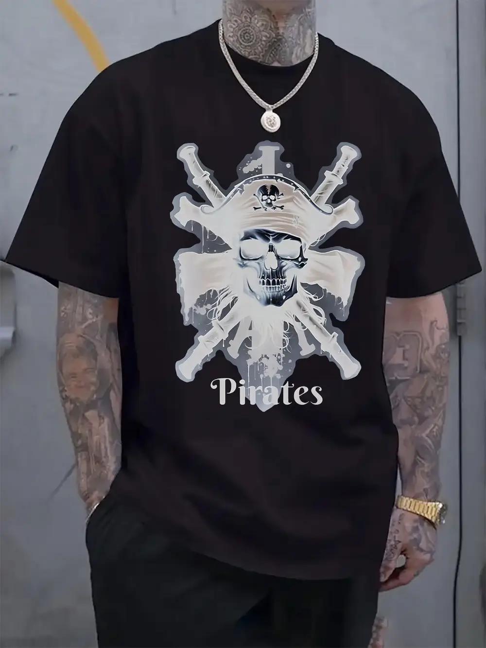 

Pirate Graphic Print Short Sleeve T-shirt - Skull & Crossed Swords Design L