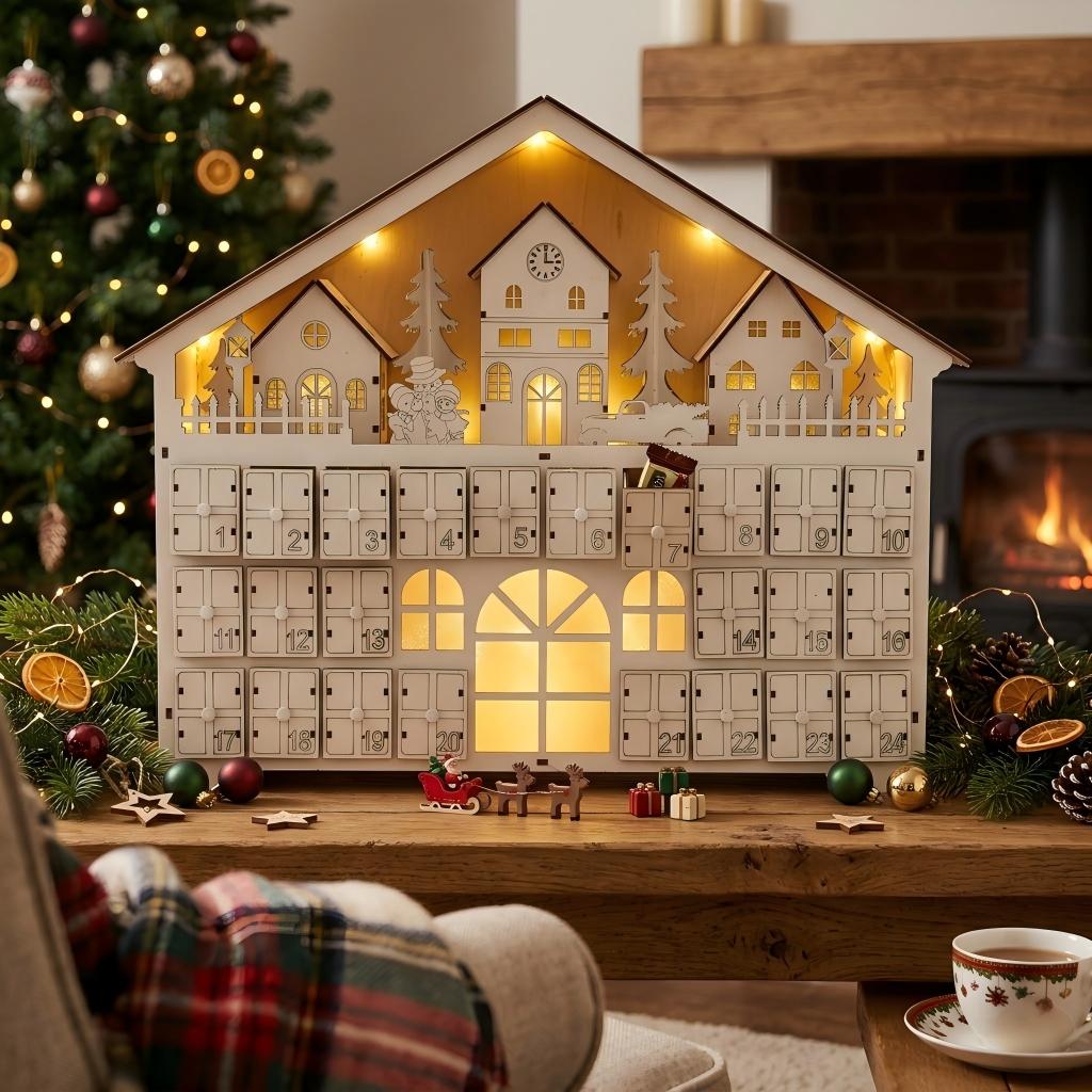Wooden Christmas Advent Calendar House with LED Lights 24 Storage Drawers Pre-Installed Battery Xmas Countdown Decor Night Light Gift