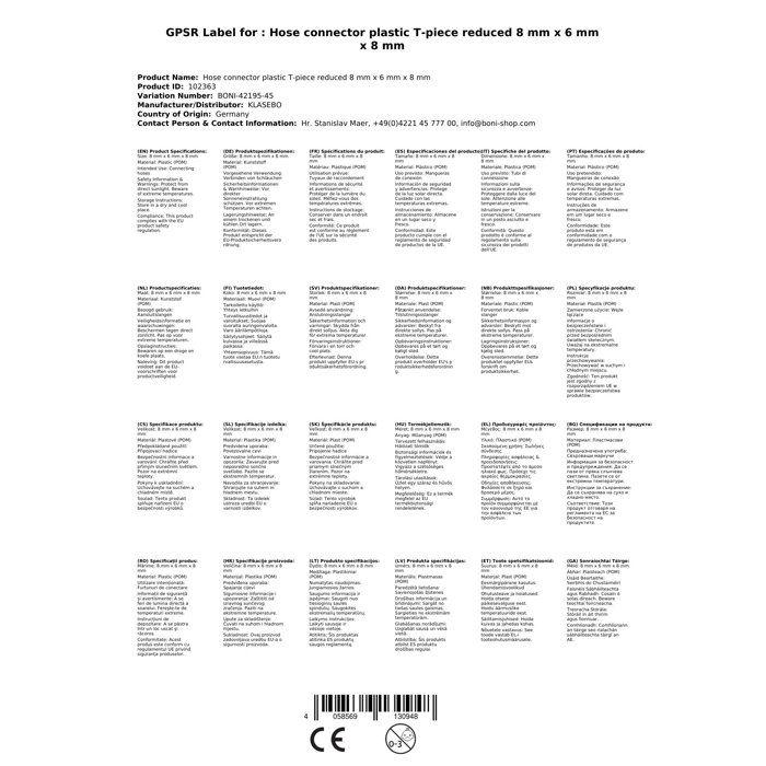 Raccord de Tuyau Réduit en T, Plastique, 8 mm x 6 mm