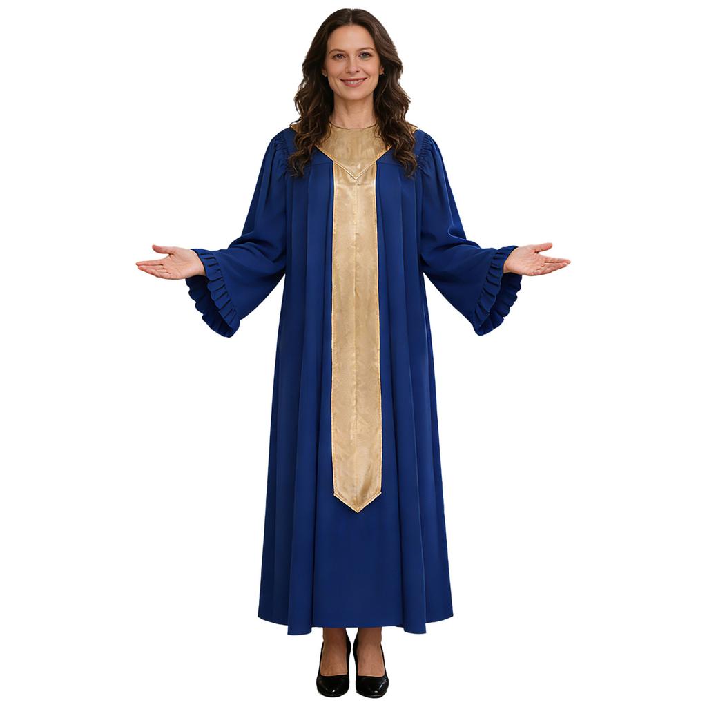 S-XXL Women Choir Robe Flared Long Sleeve Ruffled Trim Color Block Sash Long Priest Cassock for Church Activities
