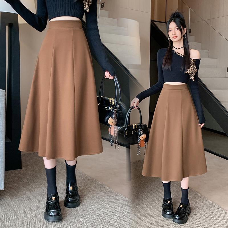 Plus Size Women's Korean Style Woolen Flare Skirt - High Waist A-line for Autumn/Winter