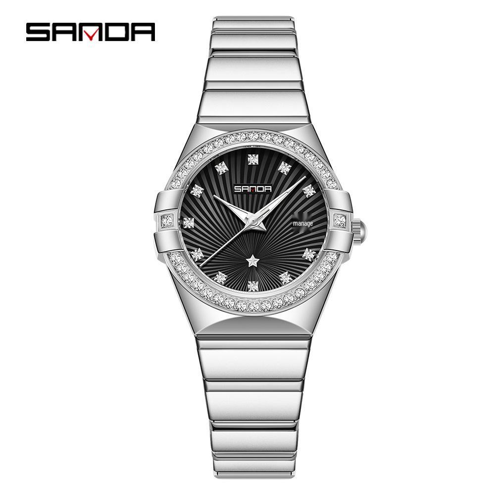 SANDA Women's Waterproof Luminous Quartz Watch with Sunray Dial and Diamond Set Markers