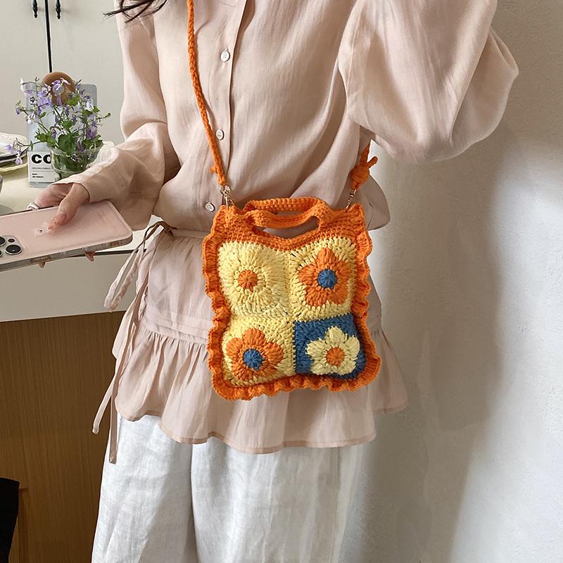 Boho Essential Handmade Crochet Granny Square Tote Bags Summer Knitted Flower Shoulder Bags Shopping Beach Daily Use Handbag