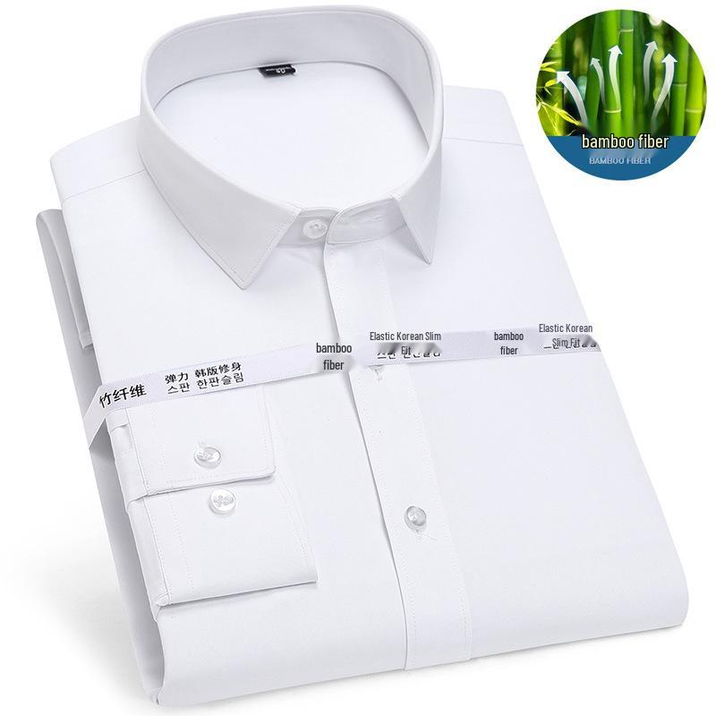 Men's Bamboo Fiber Iron-Free White Shirt - Long Sleeve, Stretch, Formal & Casual