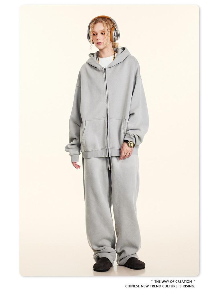 BE Winter 2025 Men's American Trend Plus Velvet Hooded Sweatshirt & Straight Casual Pants Two-Piece Set