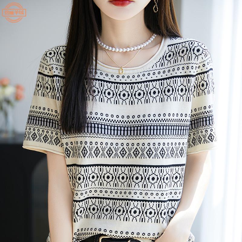 

Women s Bamboo Linen Fair Isle Stripe Knit Round Neck Short Sleeve Loose Top L