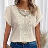 Women Casual Summer Short Sleeve Crew Neck Lace Splicing Top Tshirt