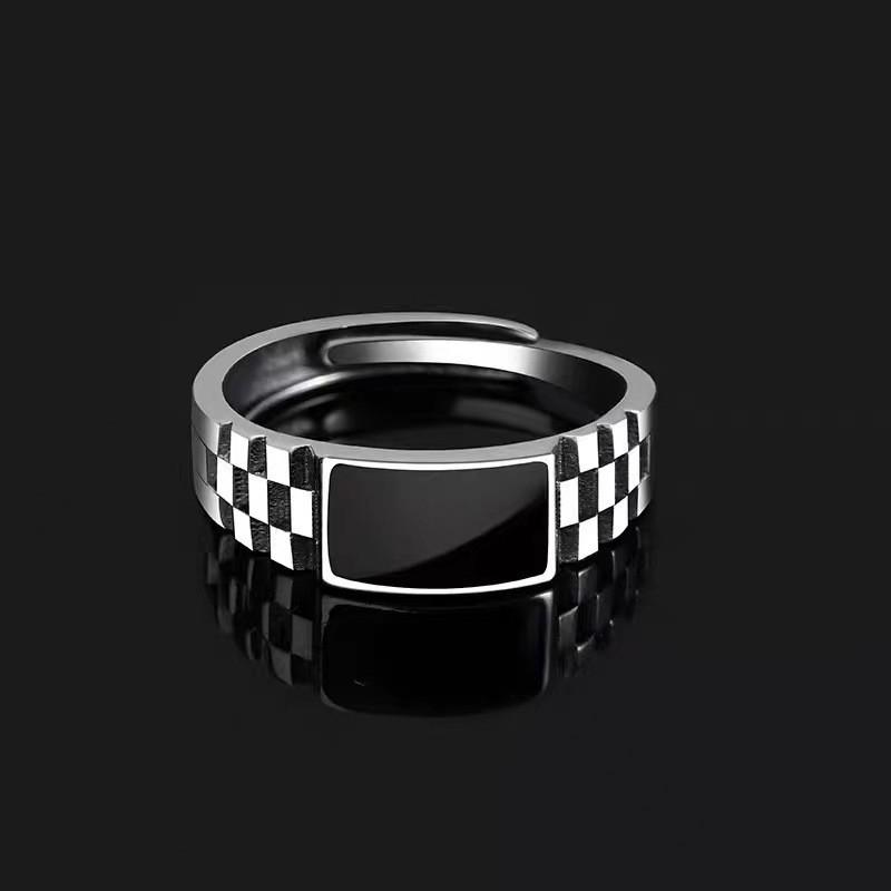 Geometric Chessboard Ring Men Women Adjustable Sterling Minimalist Statement Jewelry